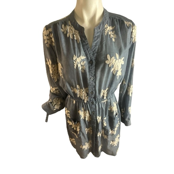 New York & Company Embroidered Floral Gauzy Denim Blue and White Dress - Picture 6 of 14